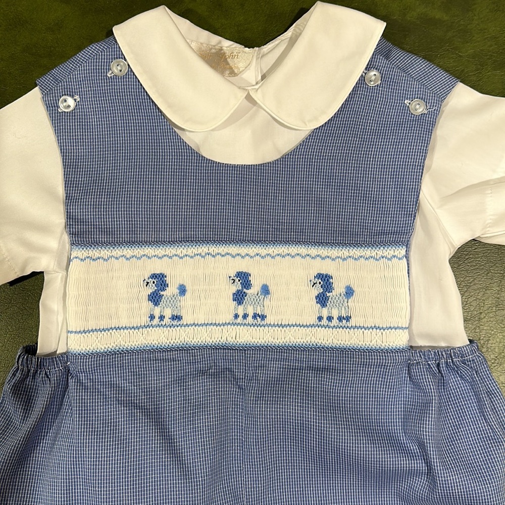 Sir John by Rosalina Smocked “Poodle” Blue Gingham Romper 2T